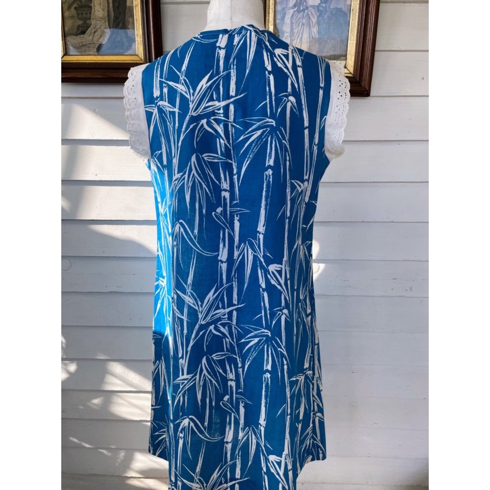 Vintage 1970s Bamboo Print Blue House Dress Eyelet Lace XL - Picture 2 of 14